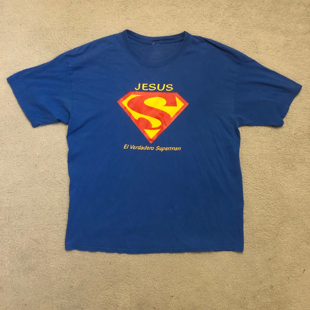 Vtg Jesus El Verdadero Superman Blue Graphic Tee Shirt XL Christian Religious